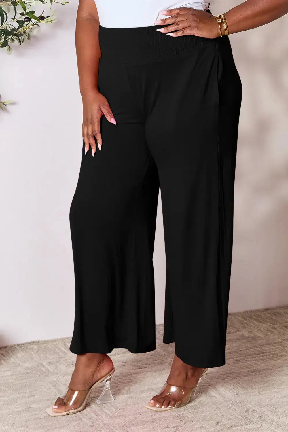 Basic Bae Full Size Smocked Wide Waistband Wide Leg Pants - Love Salve